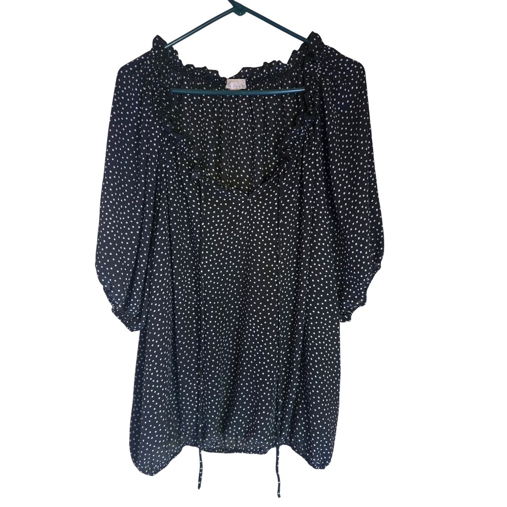 Emi & Joe Black White Polka Dot Ruffle Neck Balloon Sleeve Blouse Plus Size 3X